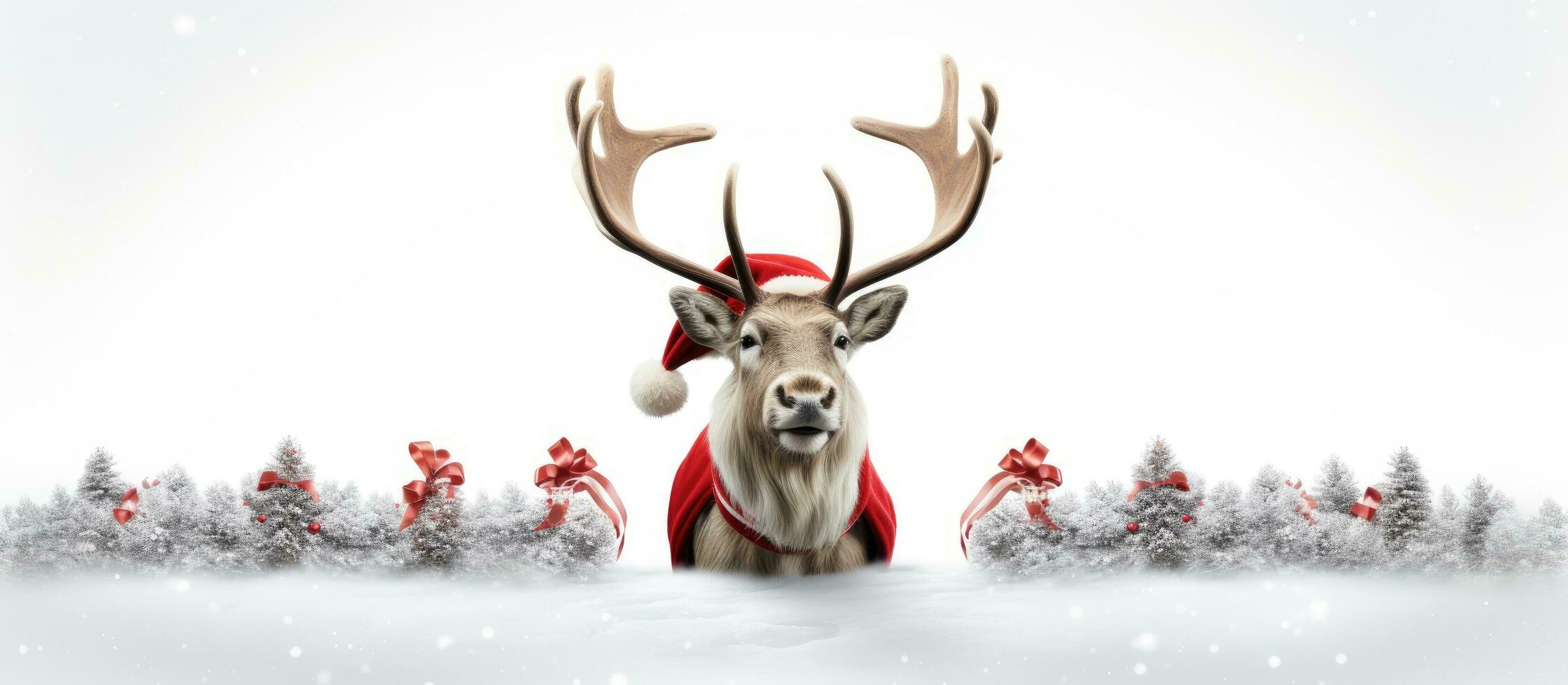 3D Illustration of reindeer with red nose and Santa hat against white backdrop photo