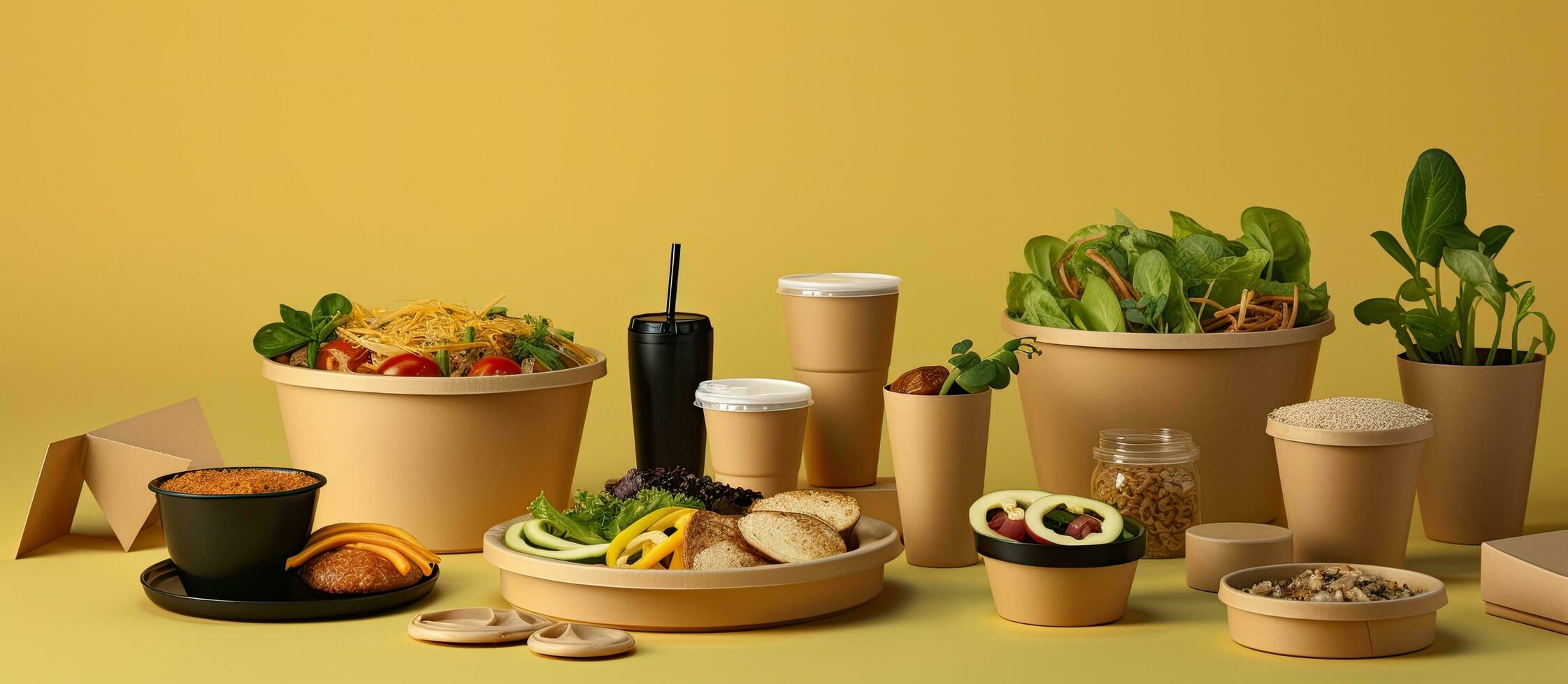 Eco friendly paper containers for nutritious fast food and beverages photo