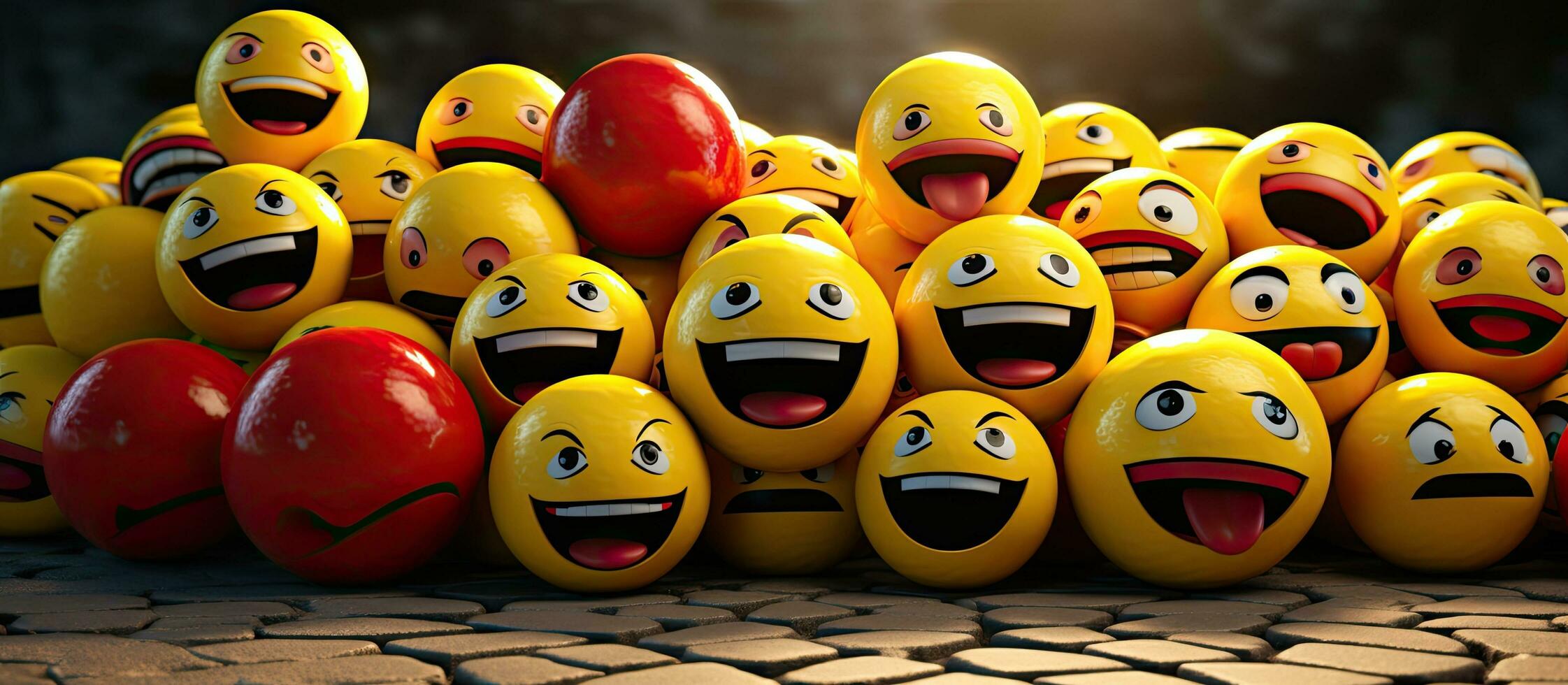 Emoticon filled 3D rendering with expressive faces leaving space for text photo