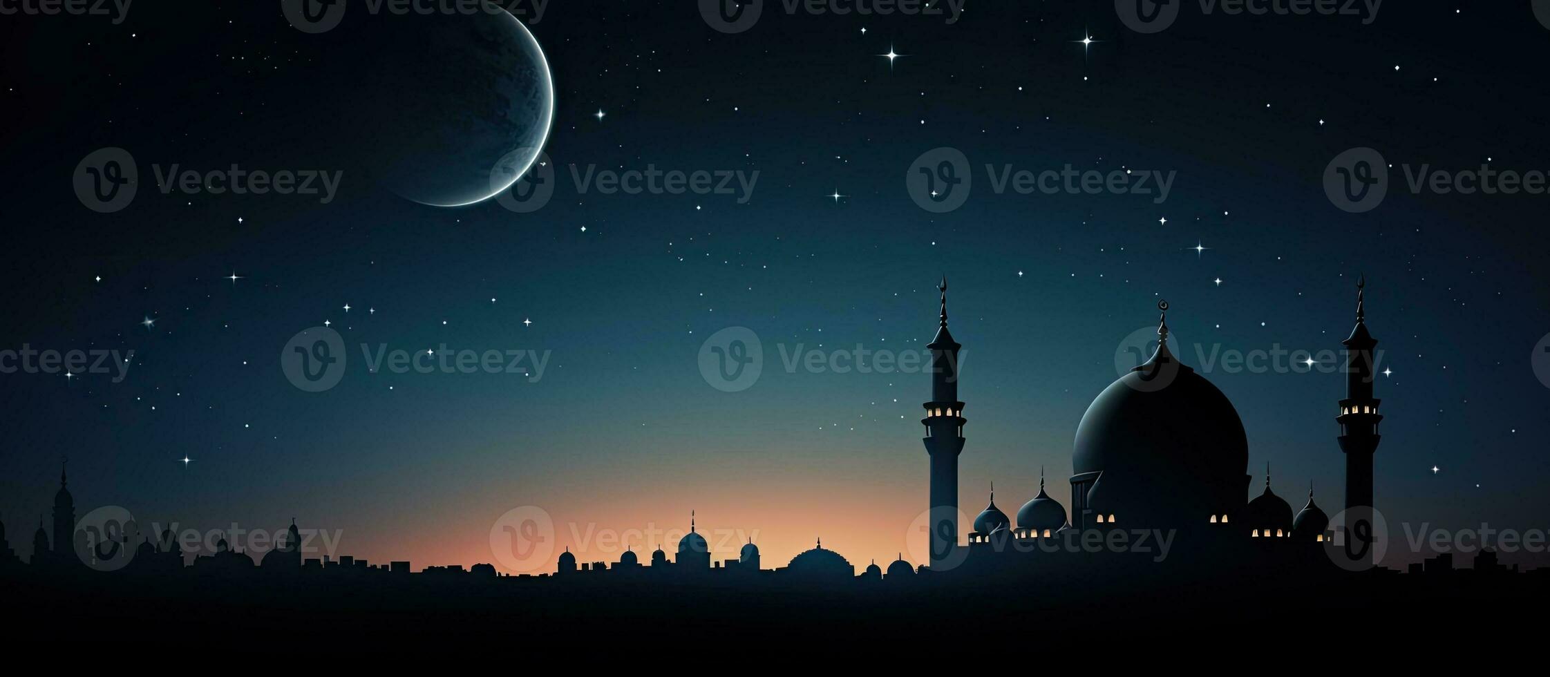 islámico religioso símbolo silueta de mezquitas Hazme y creciente Luna en contra crepúsculo cielo con texto espacio para Ramadán eid Alabama adha eid Alabama fitr y Mubarak foto