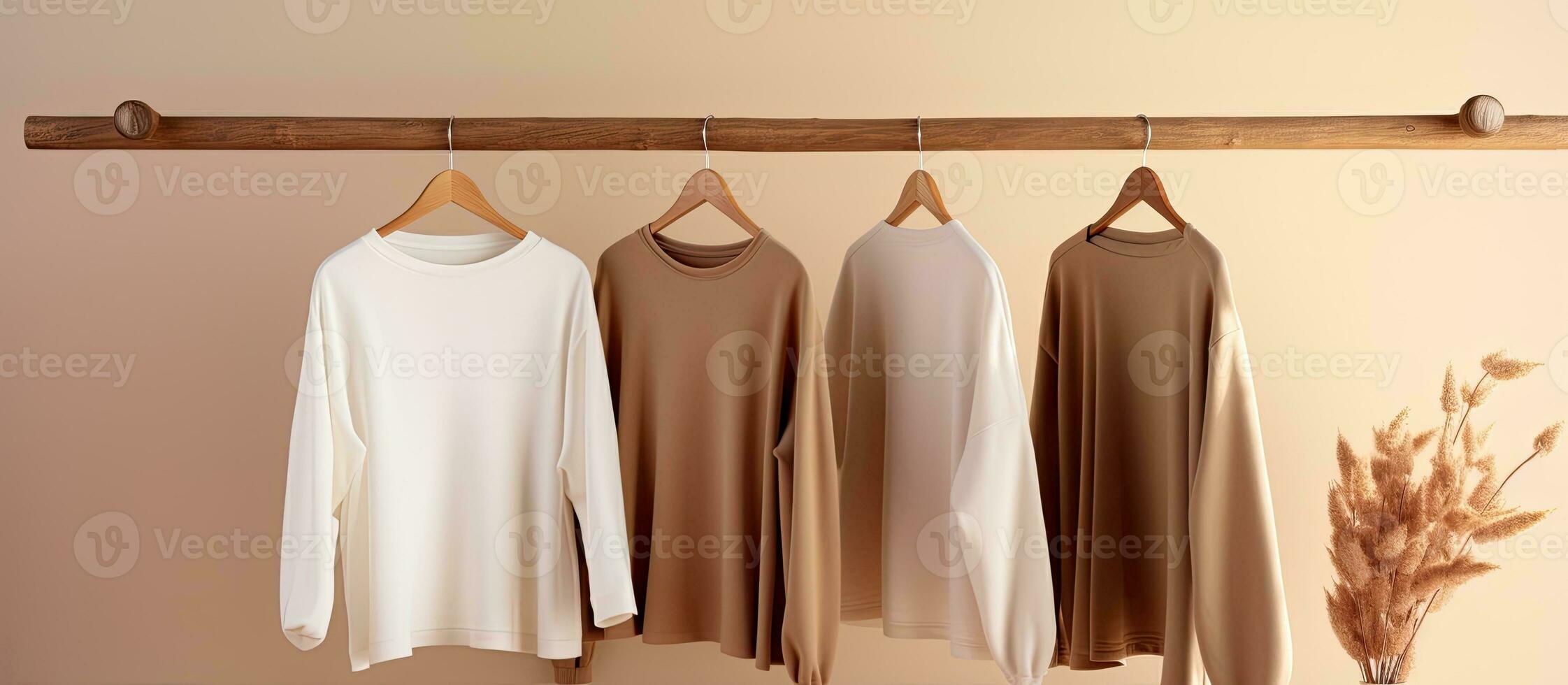 Empty space with minimal background featuring a collection of feminine beige sweaters perfect for autumn and winter fashion photo