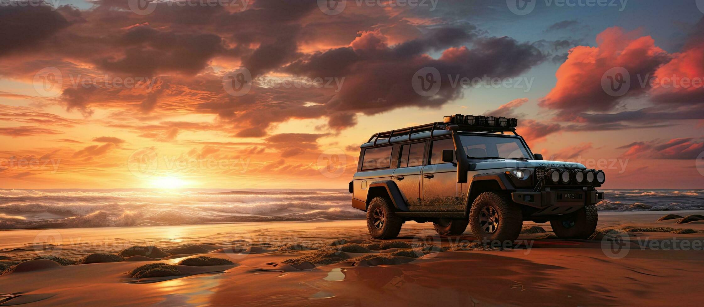 amanecer playa aventuras con 4wd vehículo en el Afuera foto