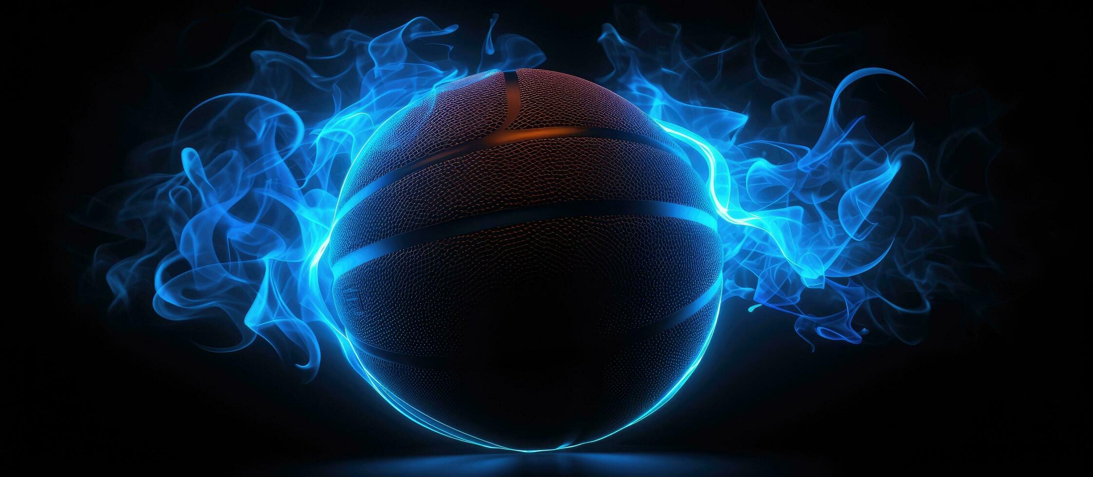 Black basketball with glowing neon lines on black background and smoke photo