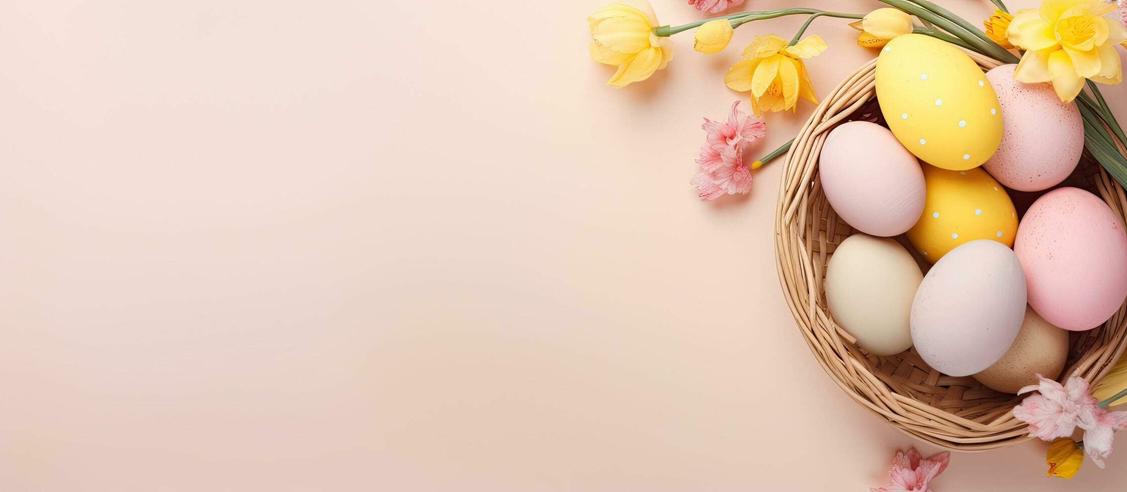 Easter themed photo with eggs baskets bunnies and tulips on pastel background