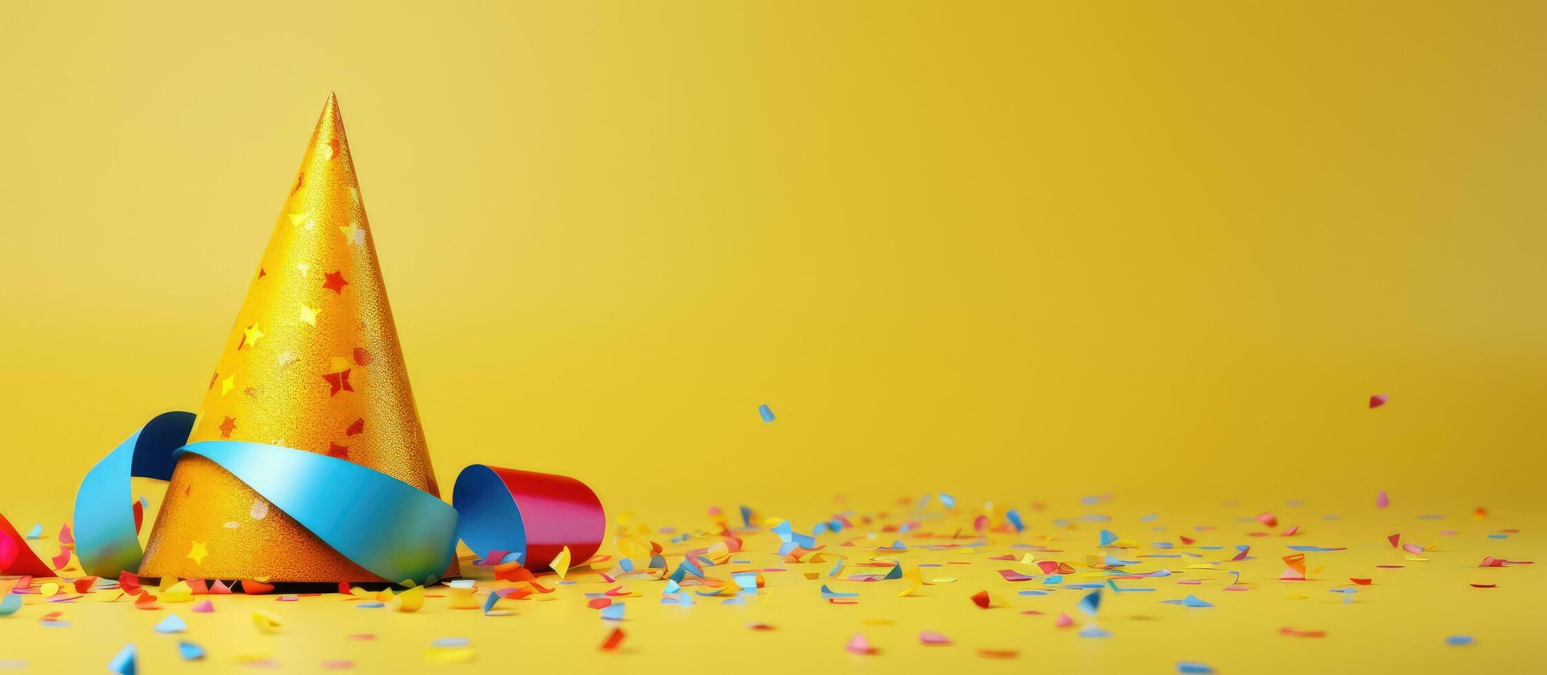 Party accessories and colorful confetti decorate the festive holiday scene photo