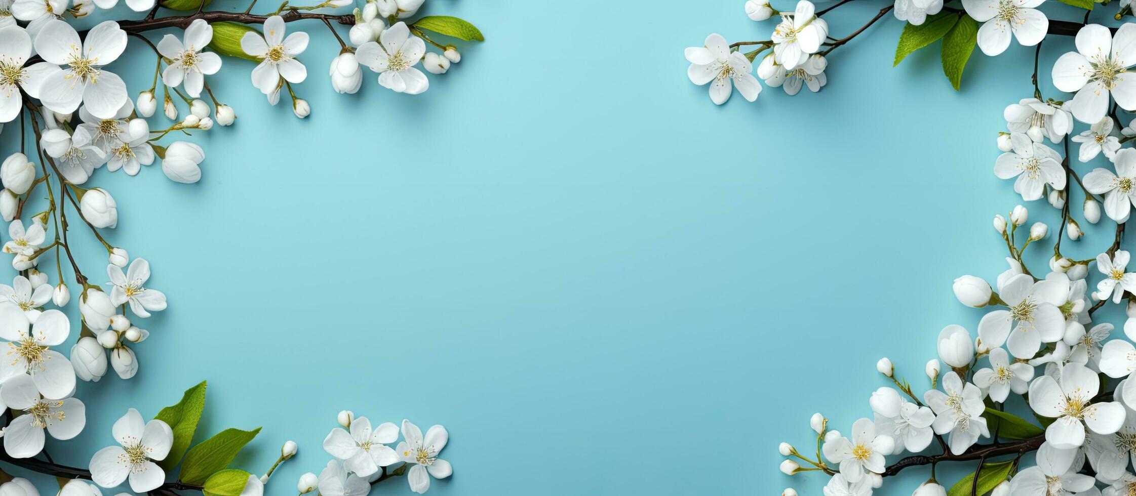 Mock up of spring flowers in a frame on a blue background with copy space photo