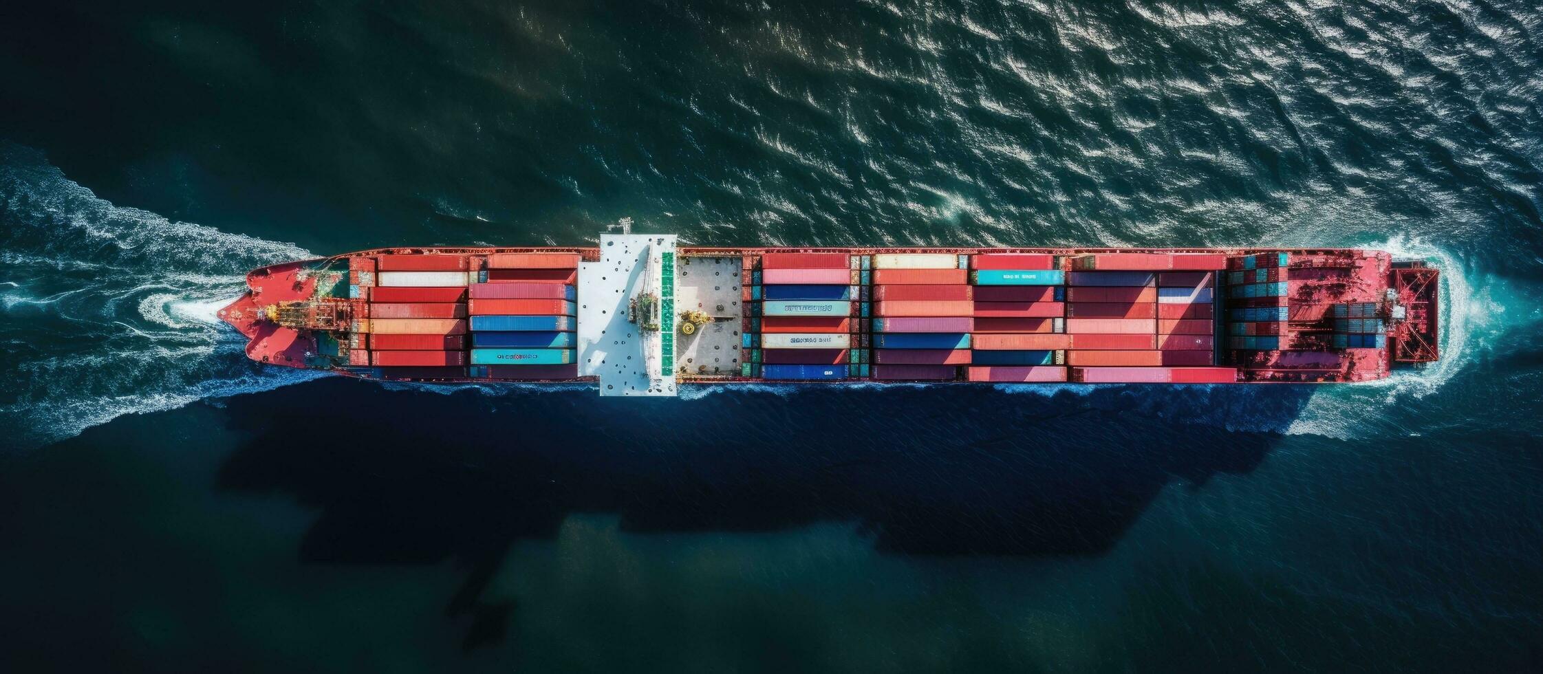 Top view of a moving cargo ship at sea with empty space photo