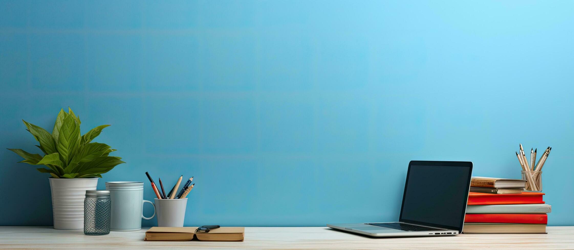 Blue wall in home office for mockup or copy space photo