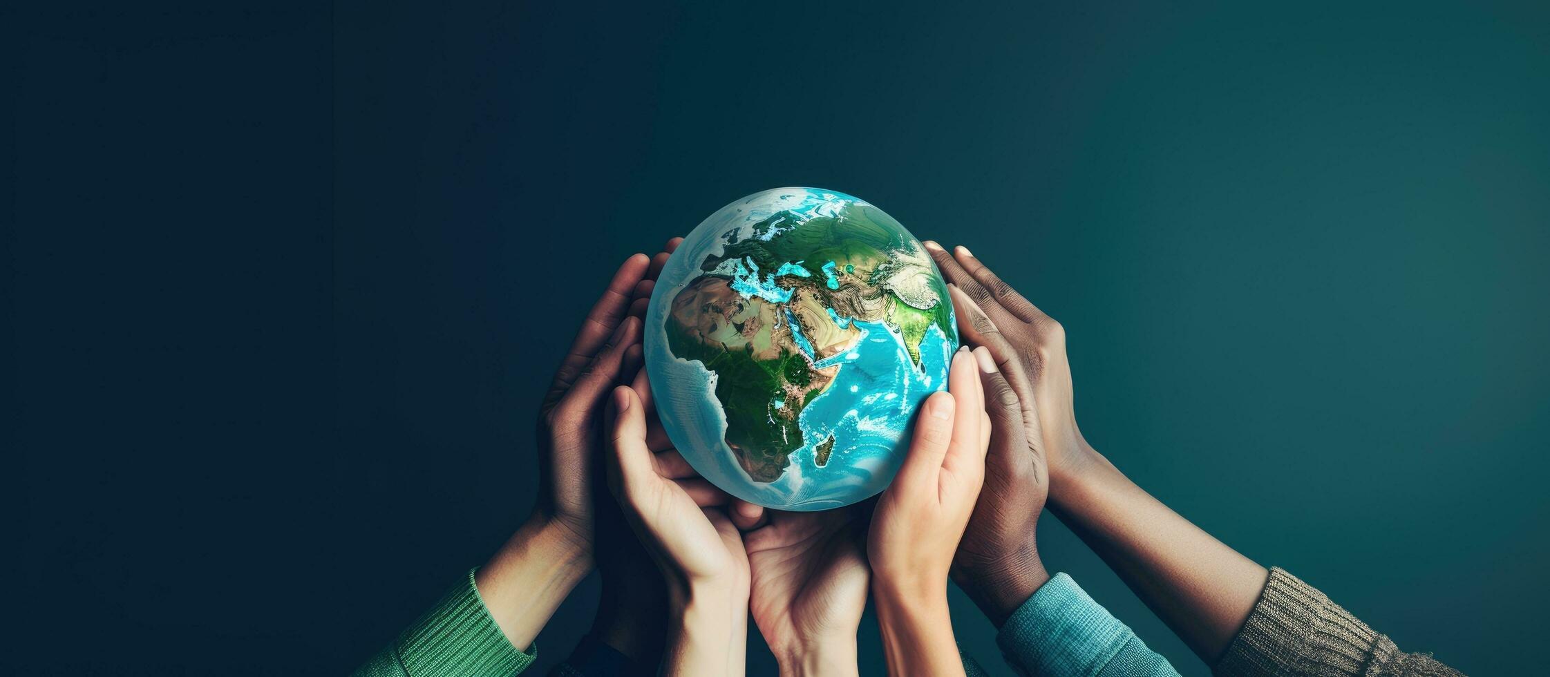 Hands holding earth globe on blue background symbolizing international solidarity and a safe world with copy space Elements provided by NASA photo