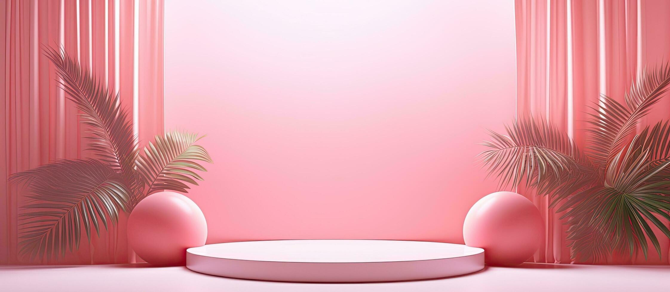 Pink gradient studio background with window shadows and foliage Empty 3D room for product presentation Copy space available photo