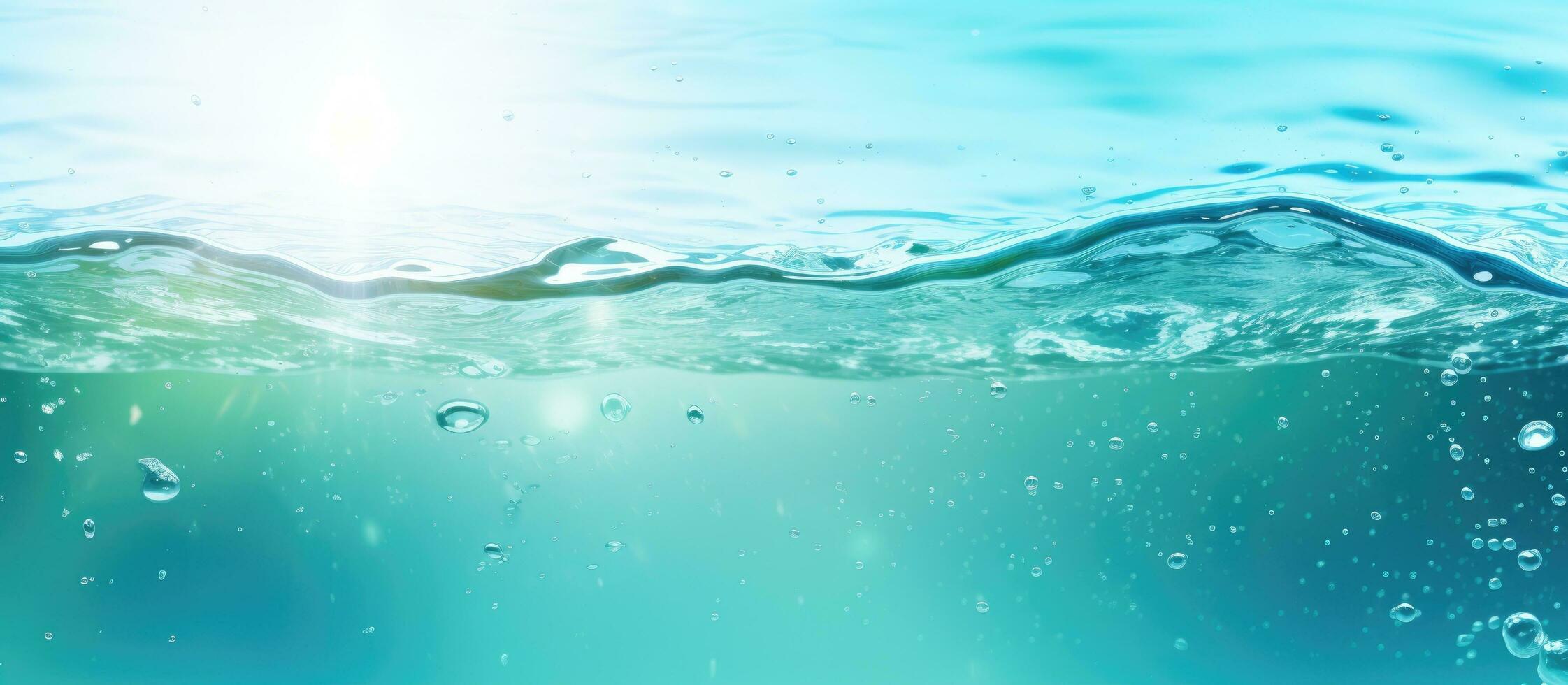 Fashionable summer scenery banner featuring blurred aqua mint liquid with splashing bubbles and space for text Sunlit water waves backdrop photo