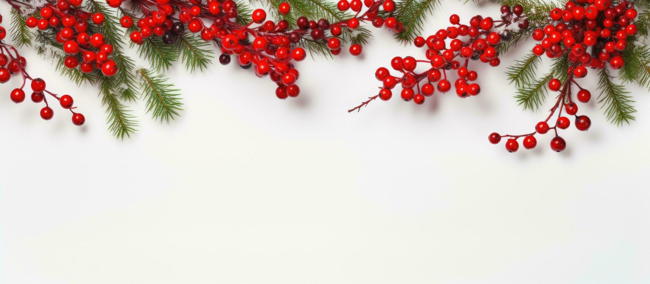 Navidad flatlay con abeto ramas rojo bayas y blanco antecedentes espacio para texto foto