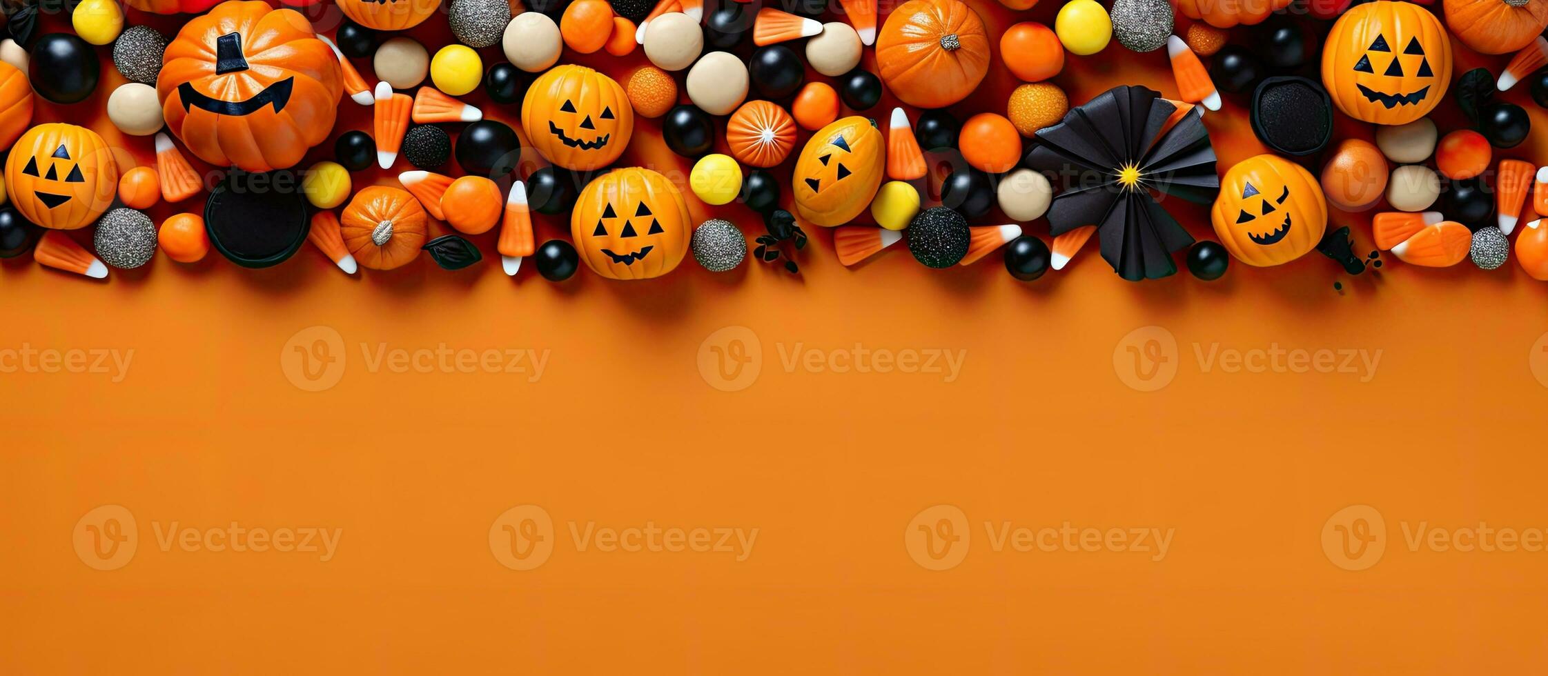 Scattered candy and decorations on Halloween themed border seen from above over orange banner photo