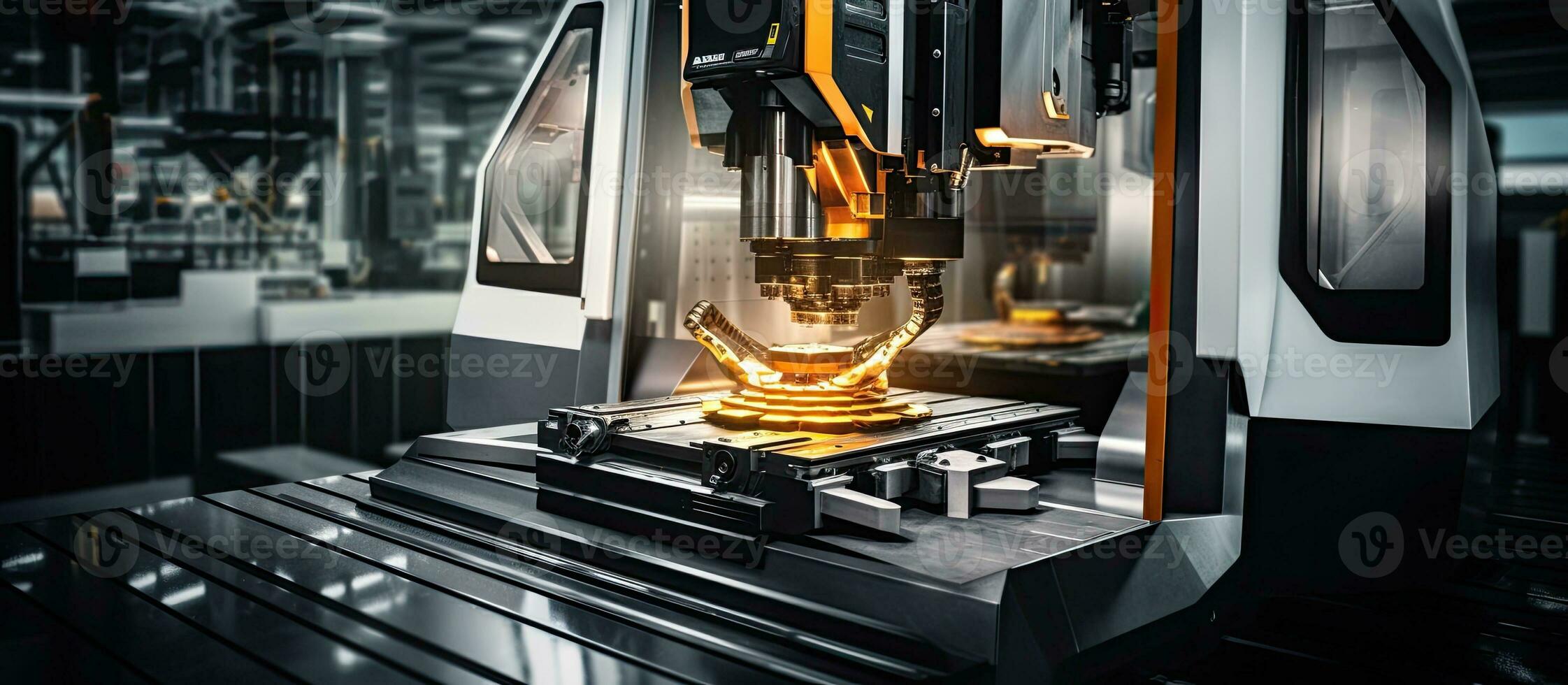 Mills with 5 axis CNC machines for design using a swivel head table and metalworking industrial surface photo