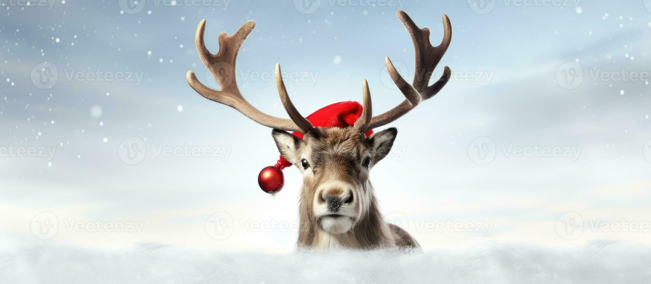 3D Illustration of reindeer with red nose and Santa hat against white backdrop photo