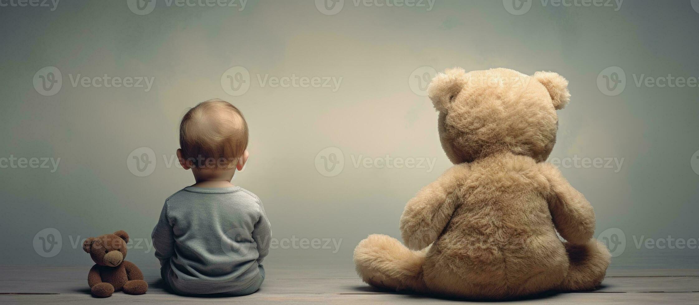 Baby and teddy bear seen from behind with empty space for design photo