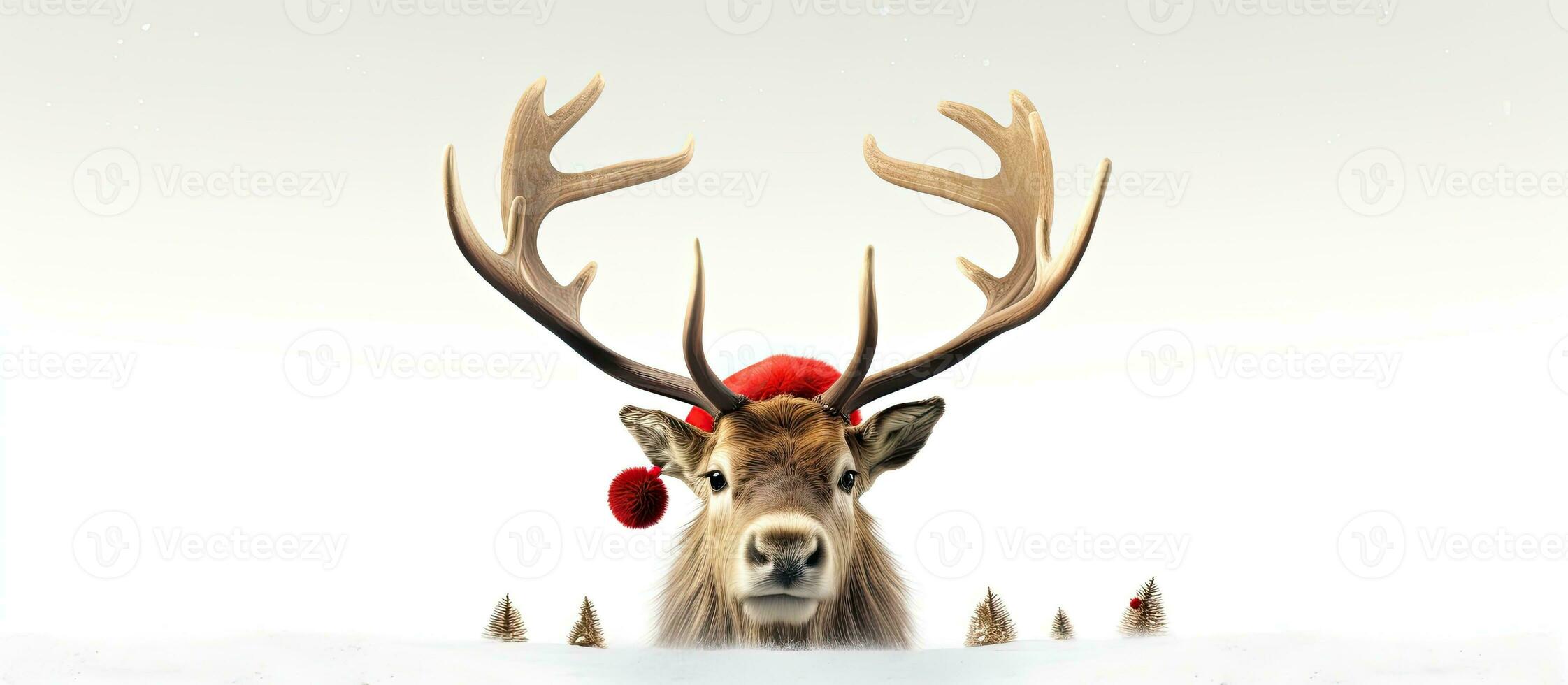 3D Illustration of reindeer with red nose and Santa hat against white backdrop photo