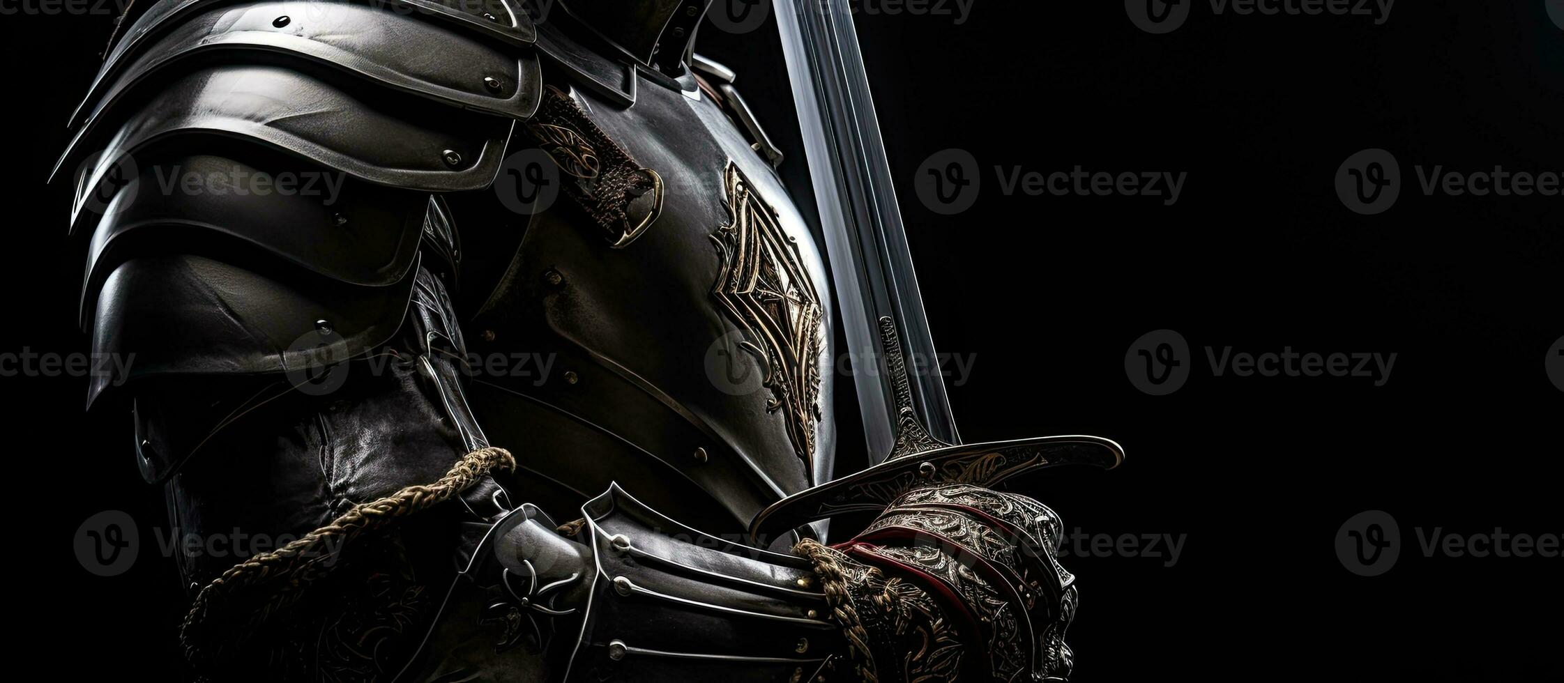 Partial view of armored knight brandishing sword isolated on black photo