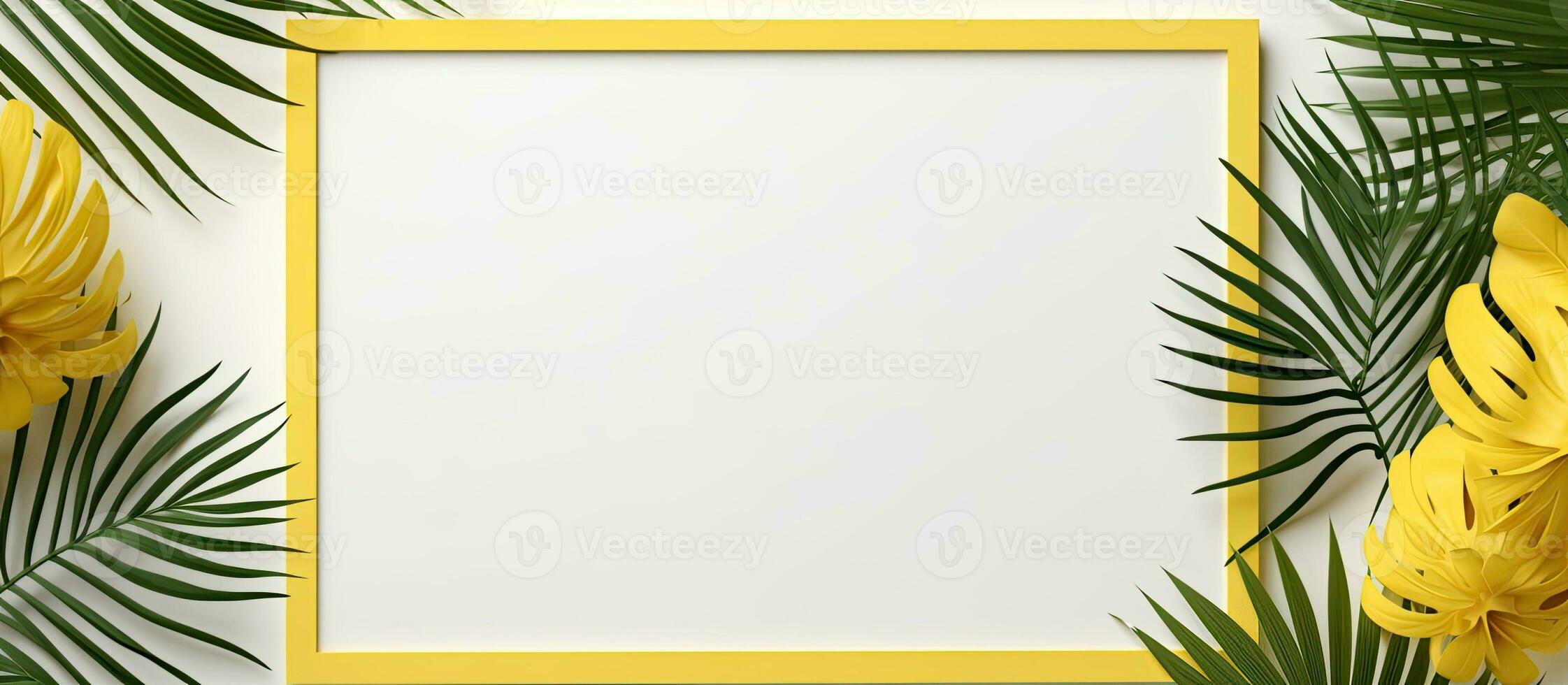 Summer theme with blank yellow paper palm leaves and photo frame on a pastel gray background in a flat lay
