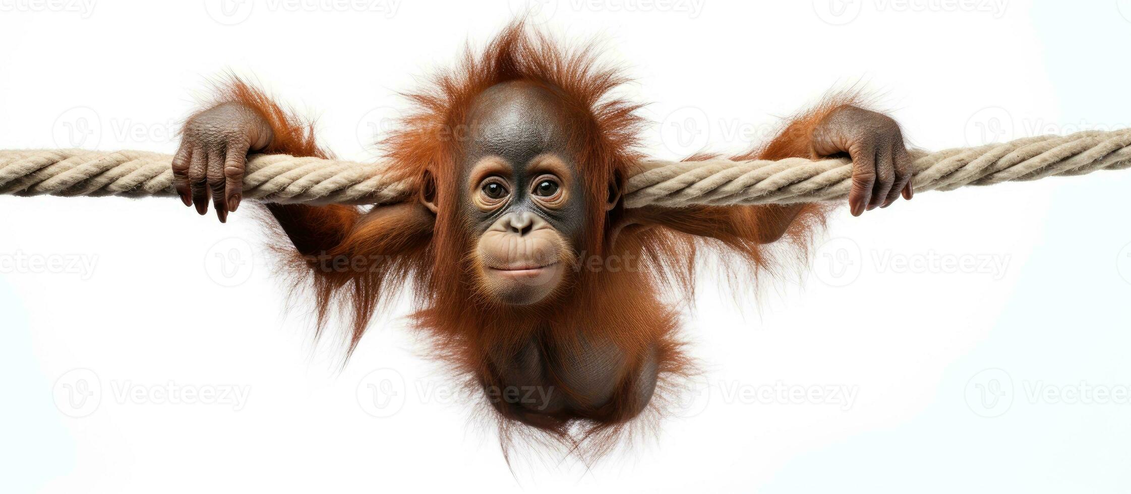 Baby Sumatran Orangutan on white background hanging from rope photo