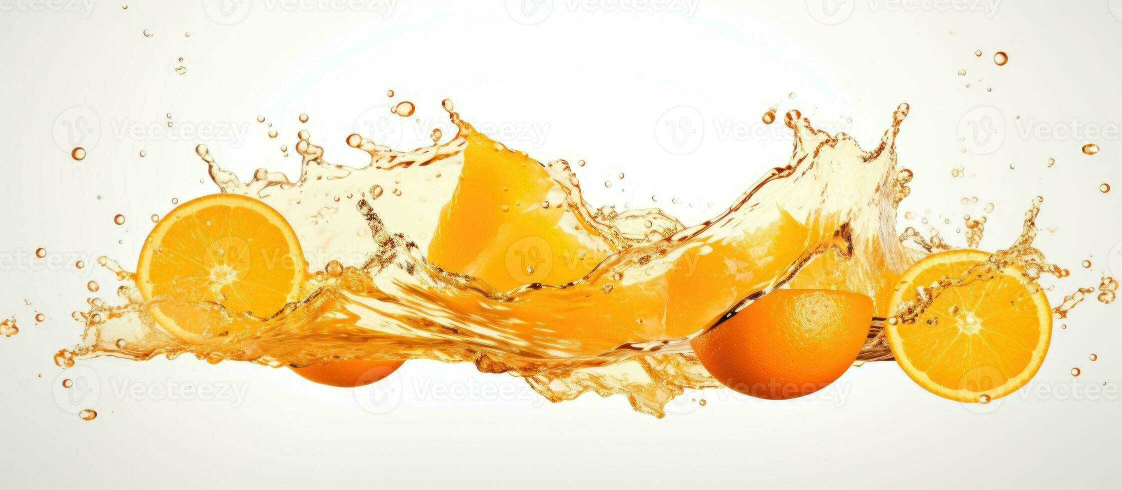 Half of a ripe orange fruit with orange juice splash water isolated on white background photo