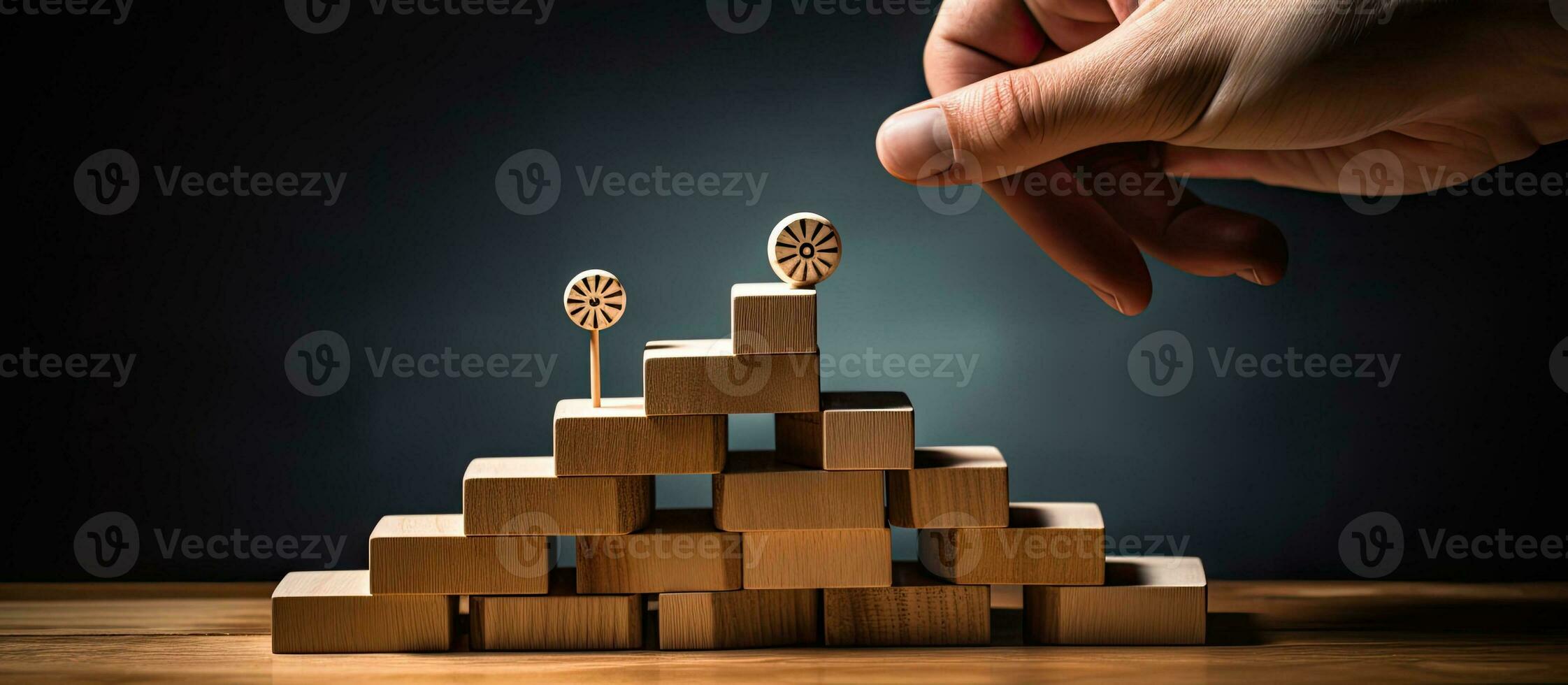 Creating wooden stairs with target icon and achieving objectives or setting goals photo