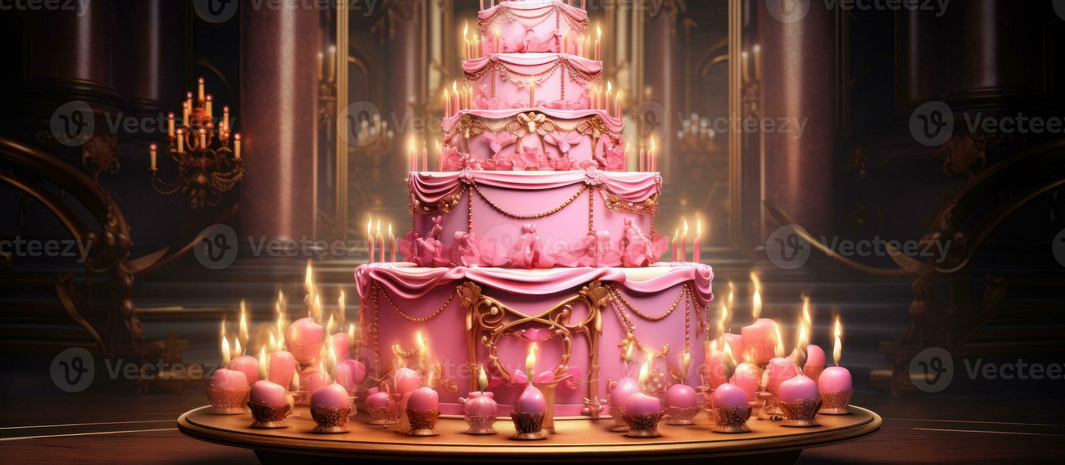 opulento rosado cumpleaños pastel con abundante dorado velas 27105757 Foto de  stock en Vecteezy