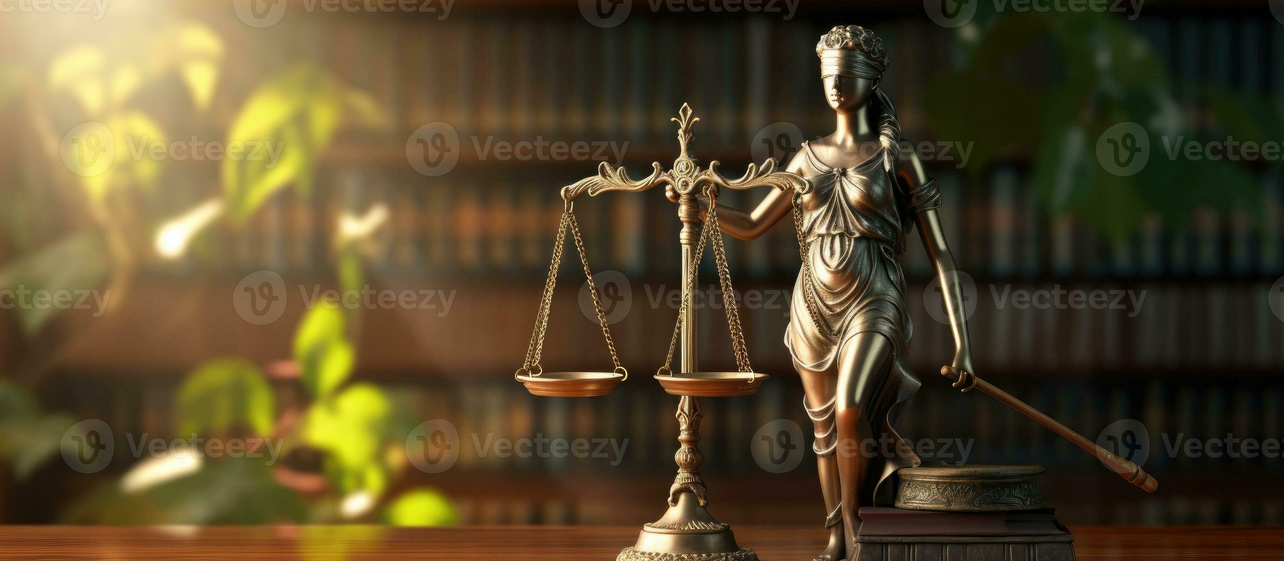 Lady Justice statue with scales of justice and judge gavel on wooden