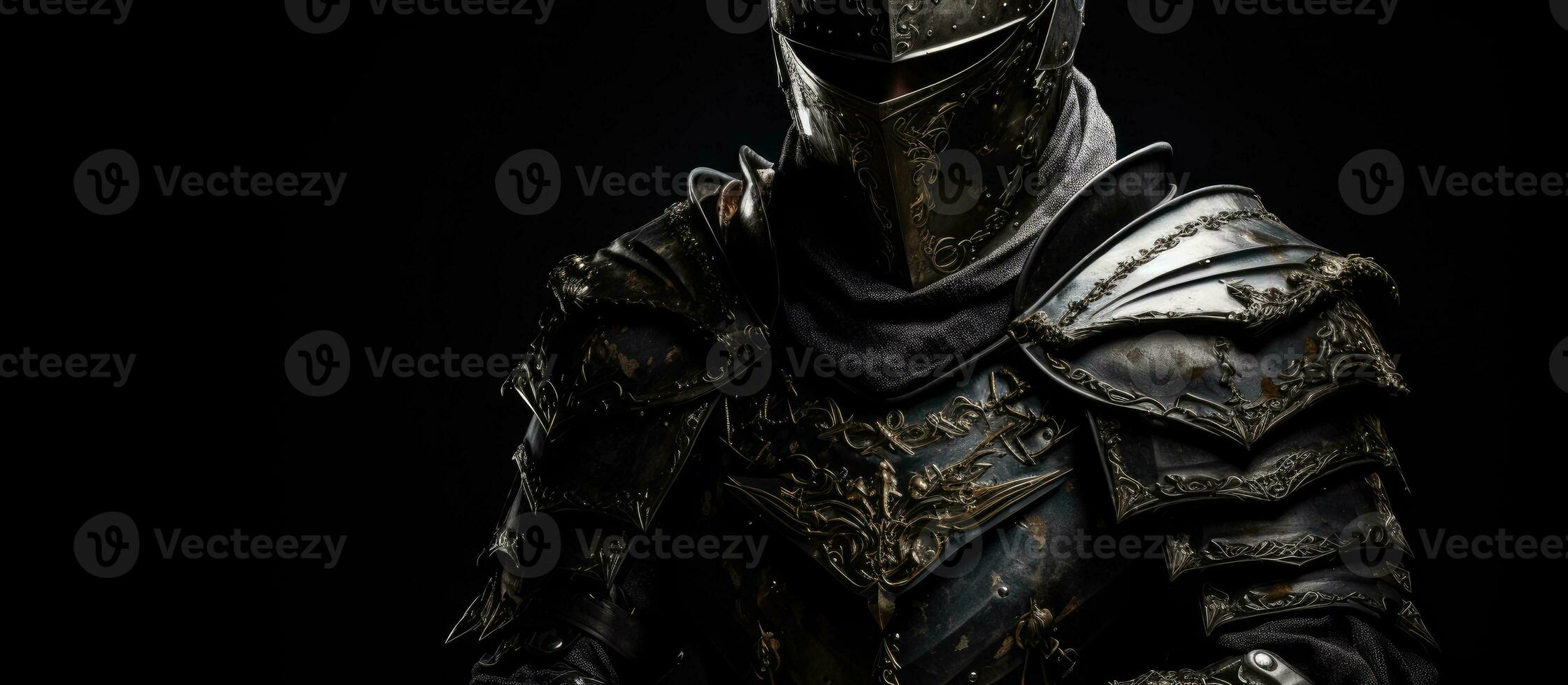 Partial view of armored knight brandishing sword isolated on black photo