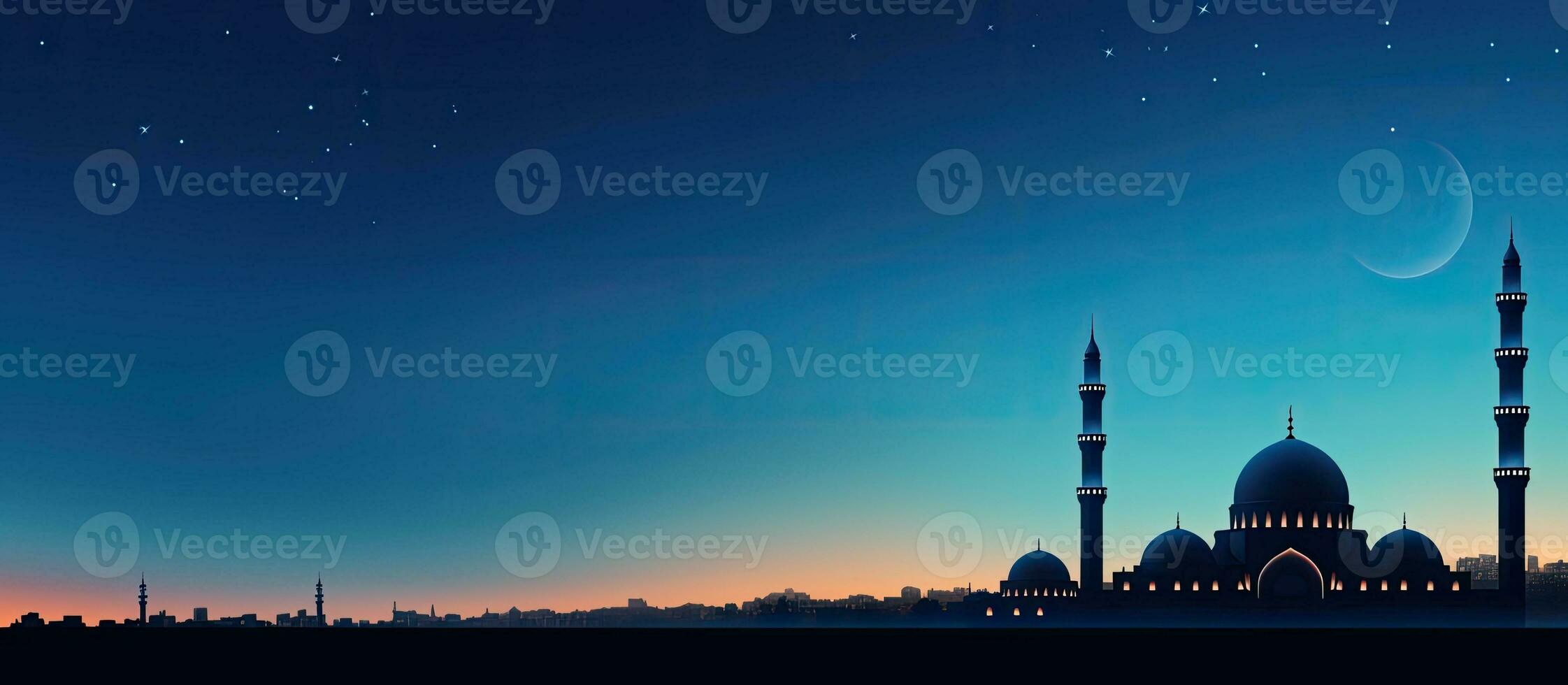 Islamic religious symbol silhouette of mosques dome and crescent moon against twilight sky with text space for Ramadan Eid al Adha Eid al Fitr and Mubarak photo