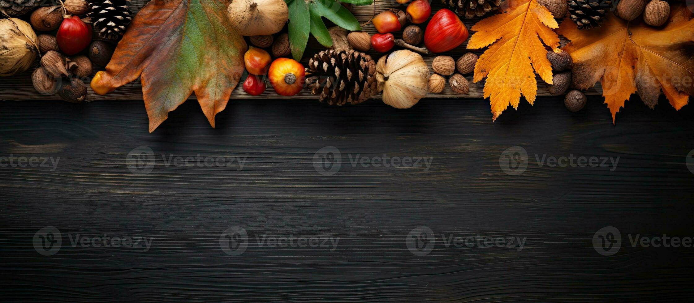 Overhead view of autumn elements on rustic banner background photo