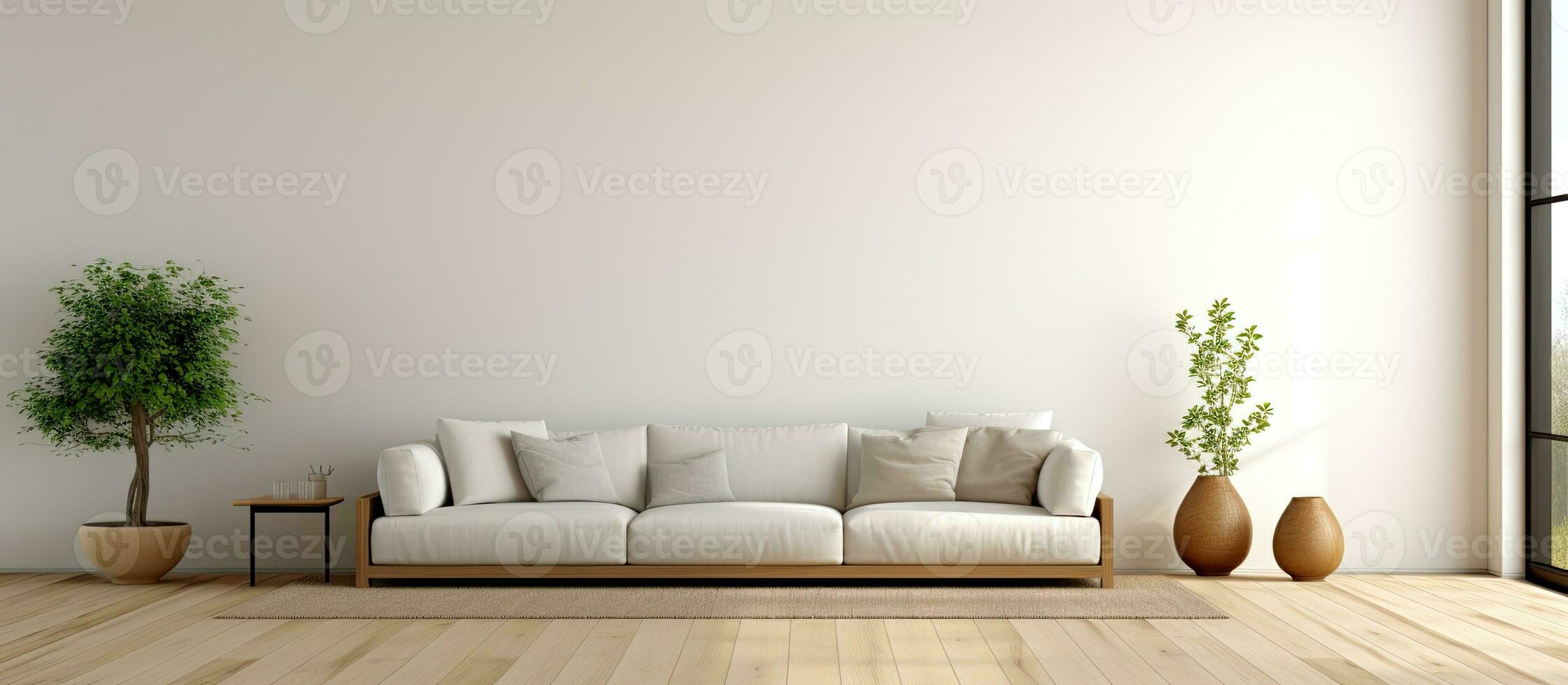 Minimal style living room with wooden floor white wall large sofa huge window and carpet in 3D rendering photo