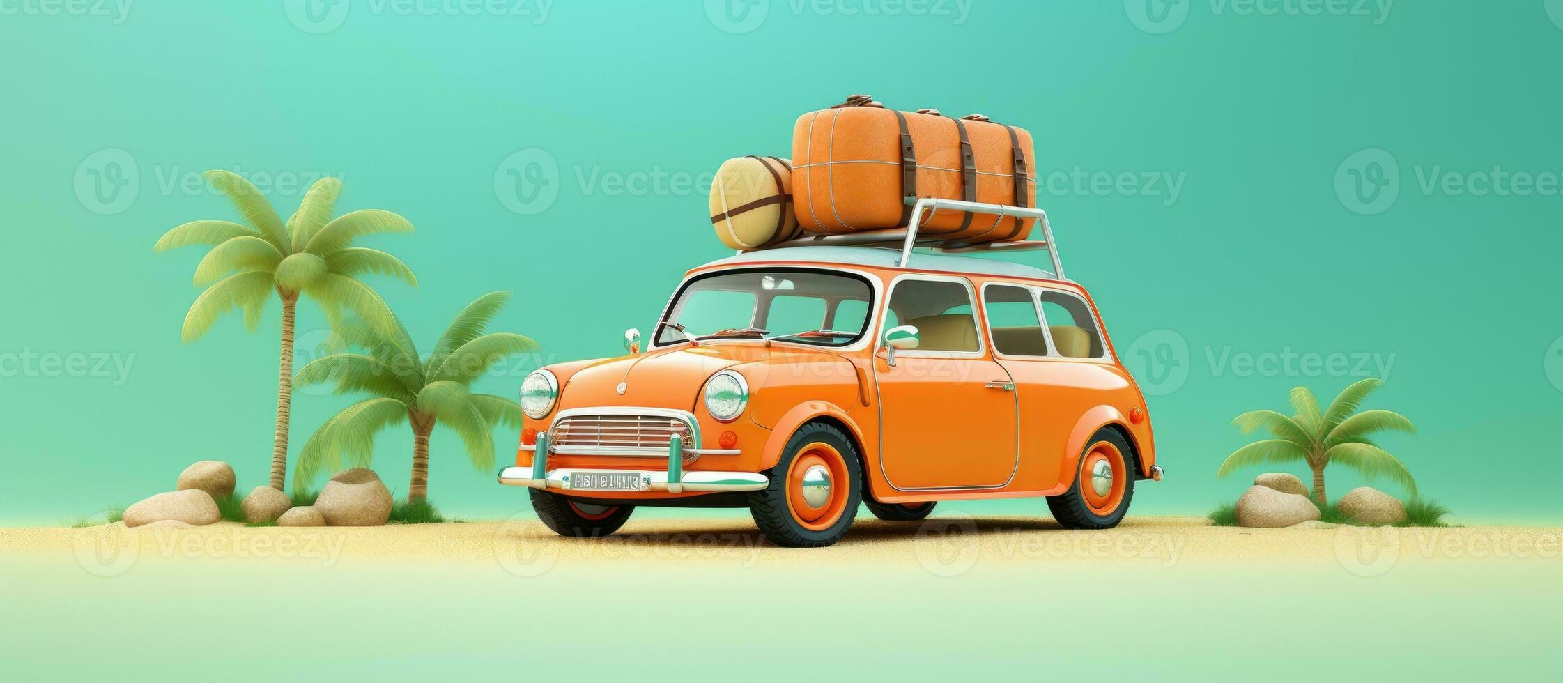 3D illustration of a retro car with a summer vacation accessory on a green background photo