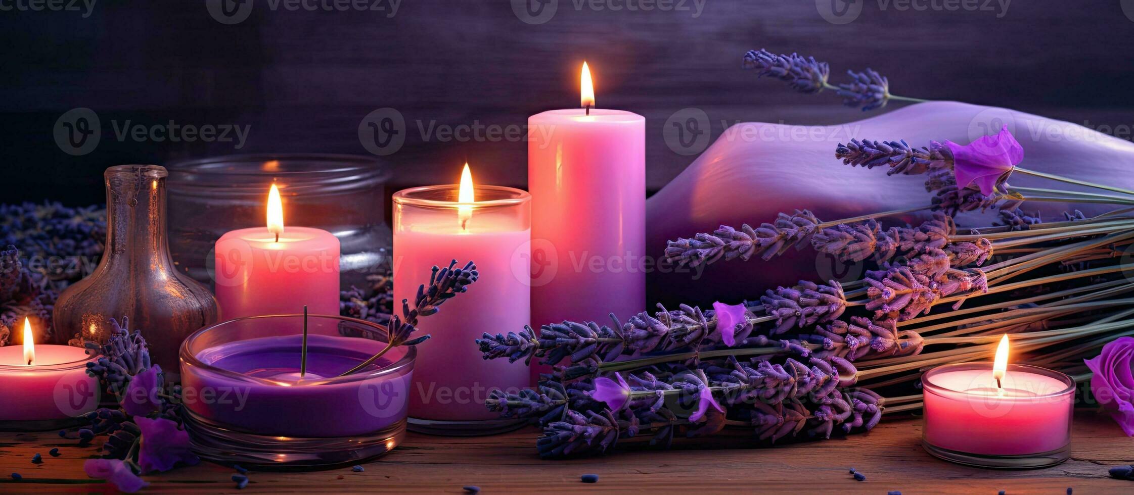 Fragrance decoration made of lavender herbs flowers and candle time for me photo