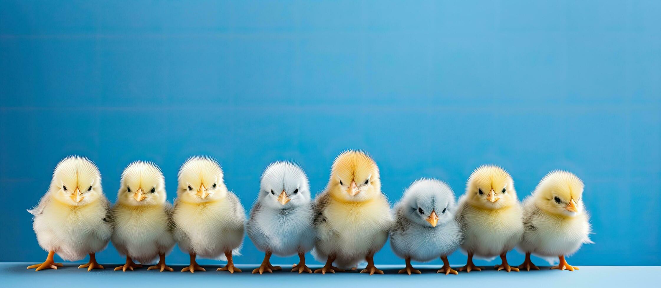 Row of Easter chicken decorations on blue background photo