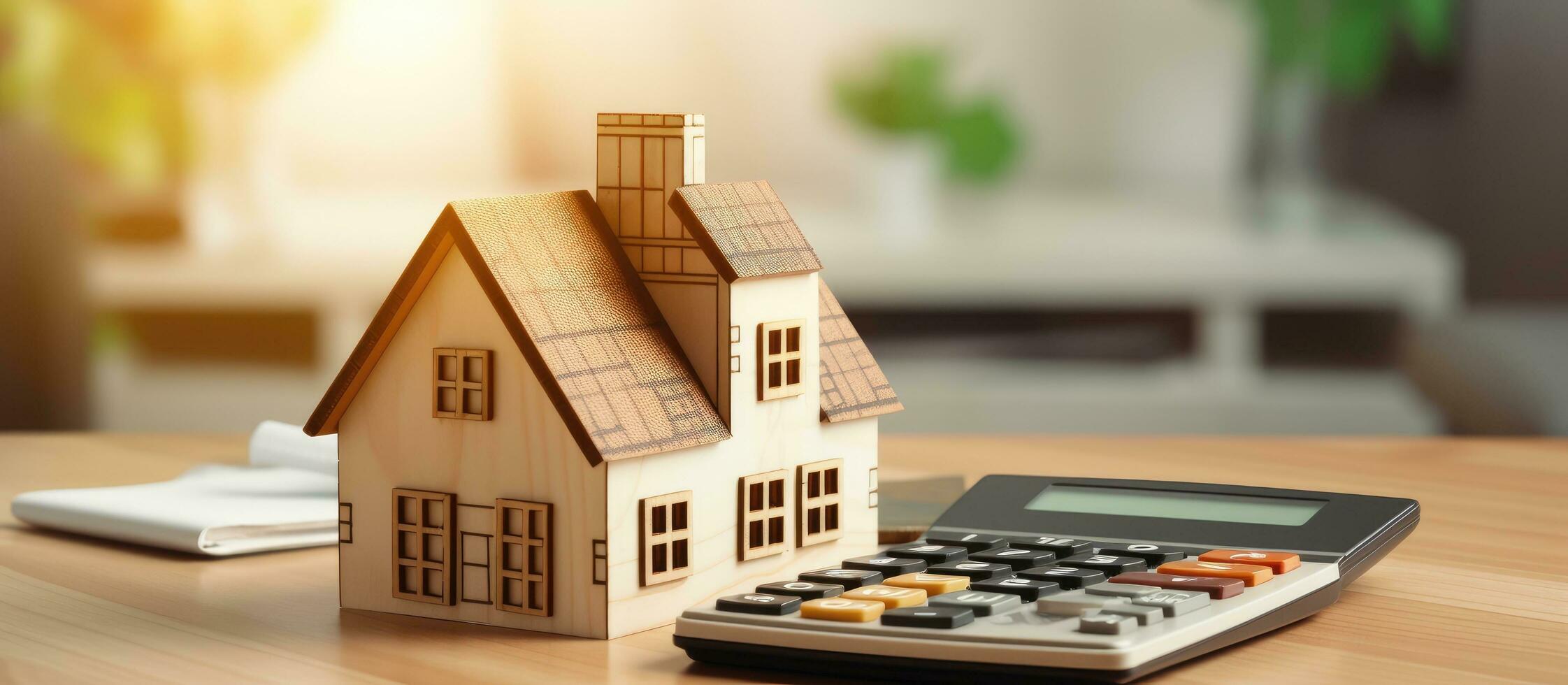 Real estate business with mortgage calculator Office desk with houses Timber costs and copy space Loan or insurance rate support Liability and risk photo