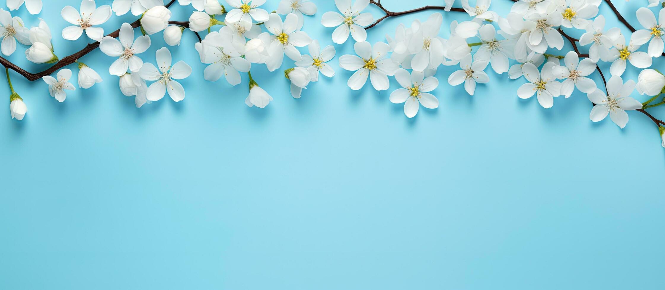 burlarse de arriba de primavera flores en un marco en un azul antecedentes con Copiar espacio foto