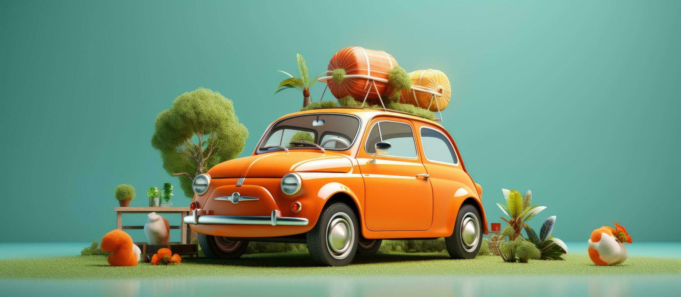 3d ilustración de un retro coche con un verano vacaciones accesorio en un verde antecedentes foto