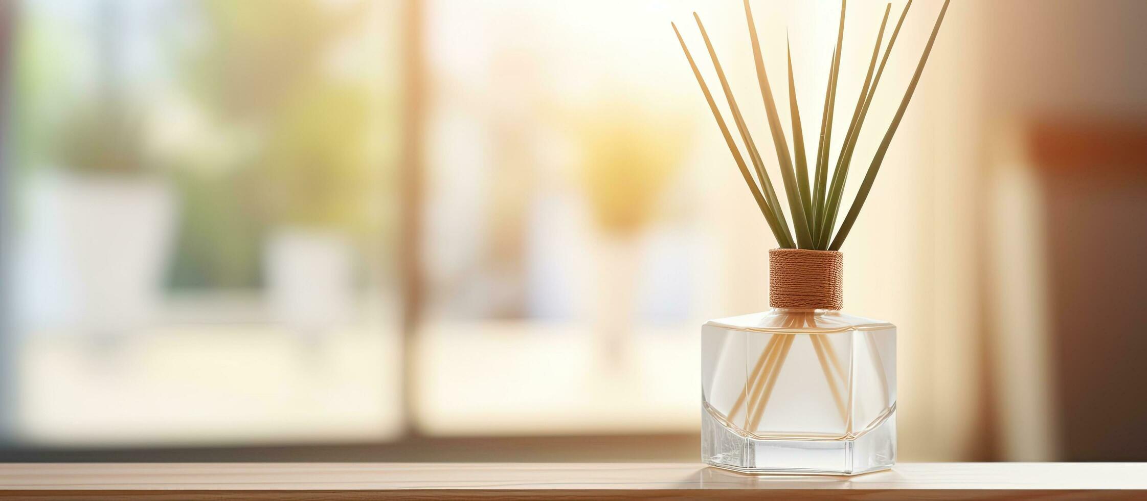 Close up of aloe vera plant and reed diffuser on wooden table in bright living room photo