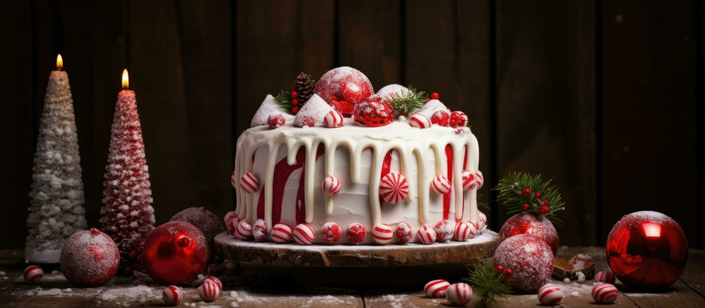 Christmas themed cake with decorations and confetti on a rustic wooden table photo