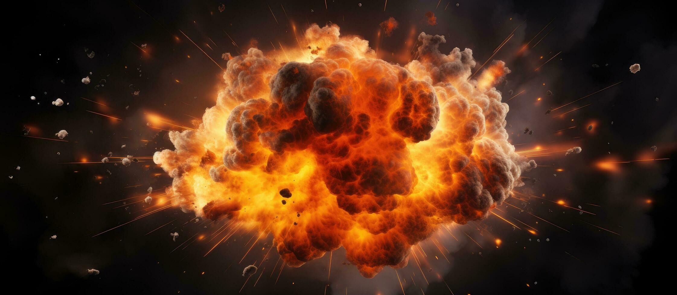 Realistic explosion of a bomb with fire sparks and smoke on a black background photo