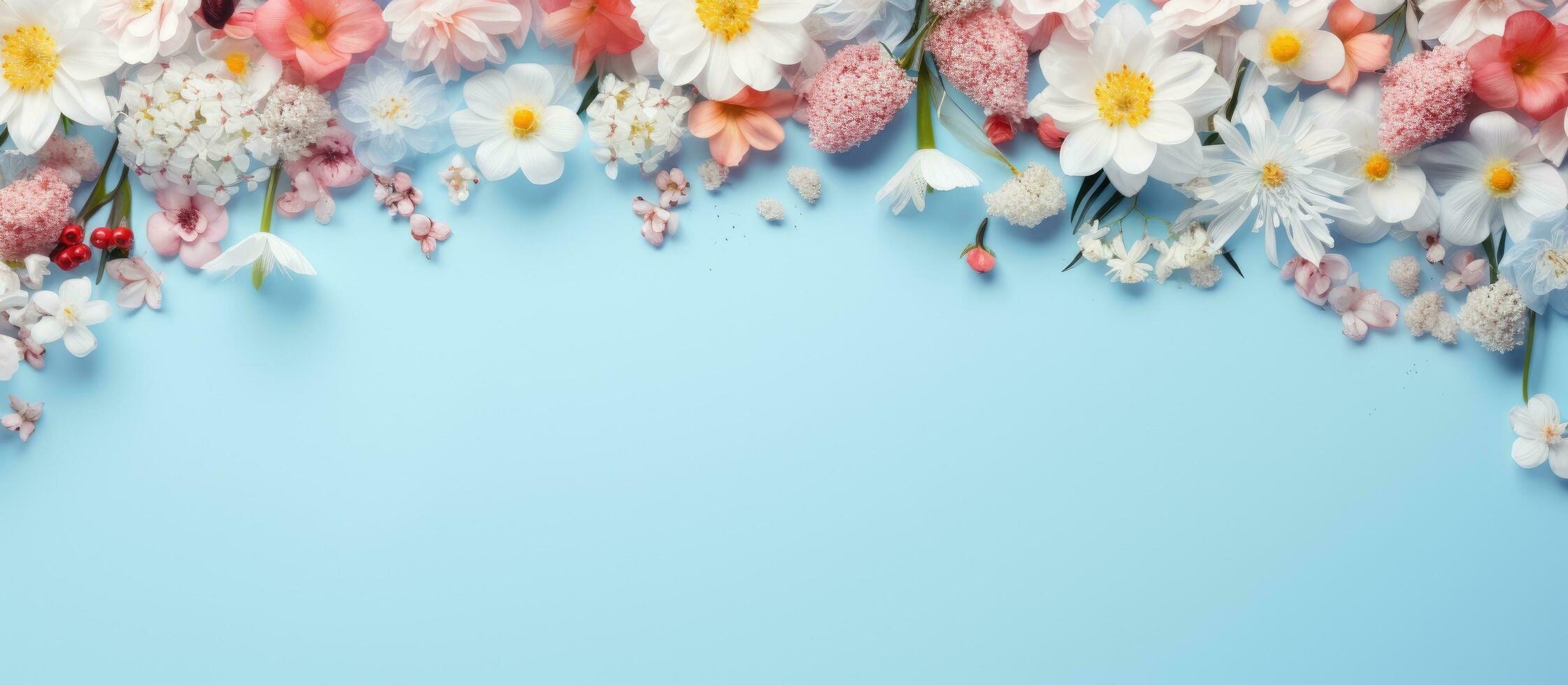 Mock up of spring flowers in a frame on a blue background with copy space photo