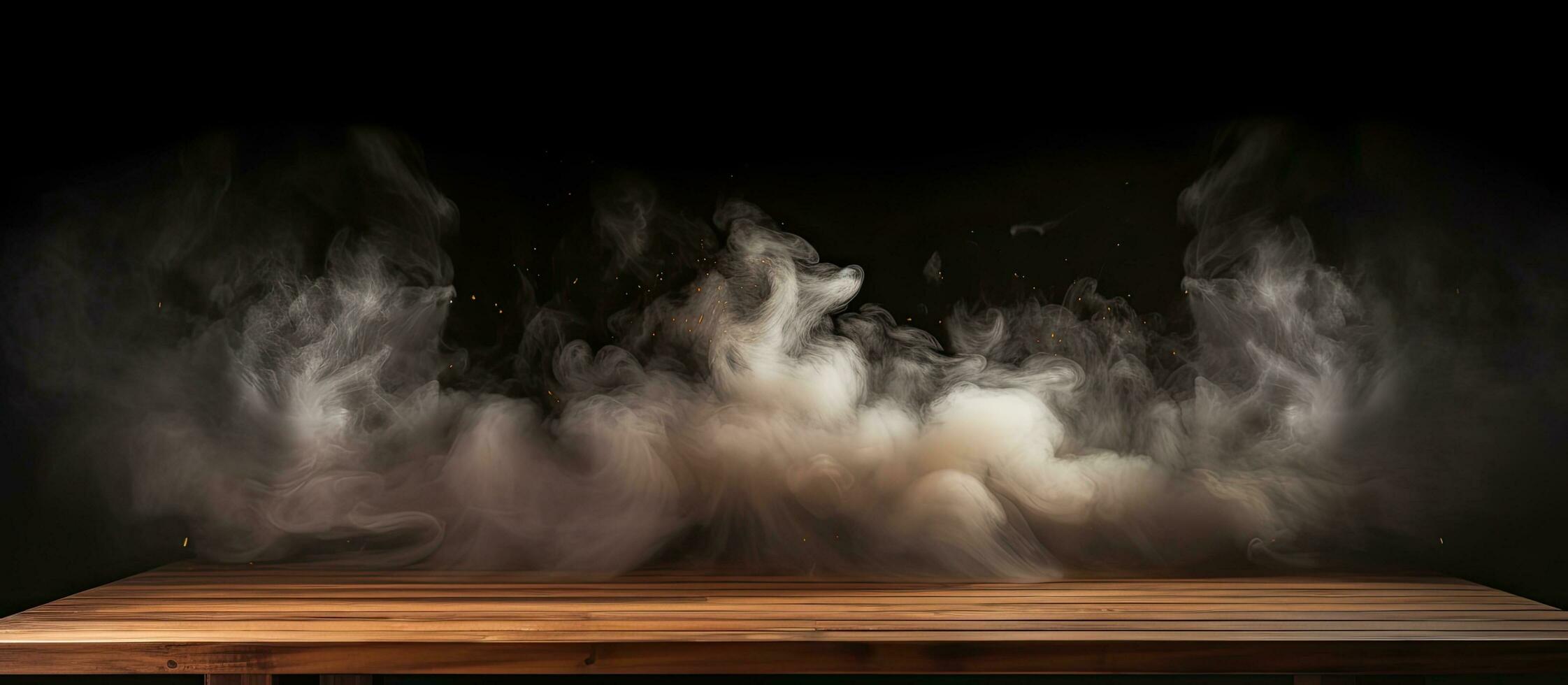 Wooden table with smoke on dark background Ideal for showcasing products photo