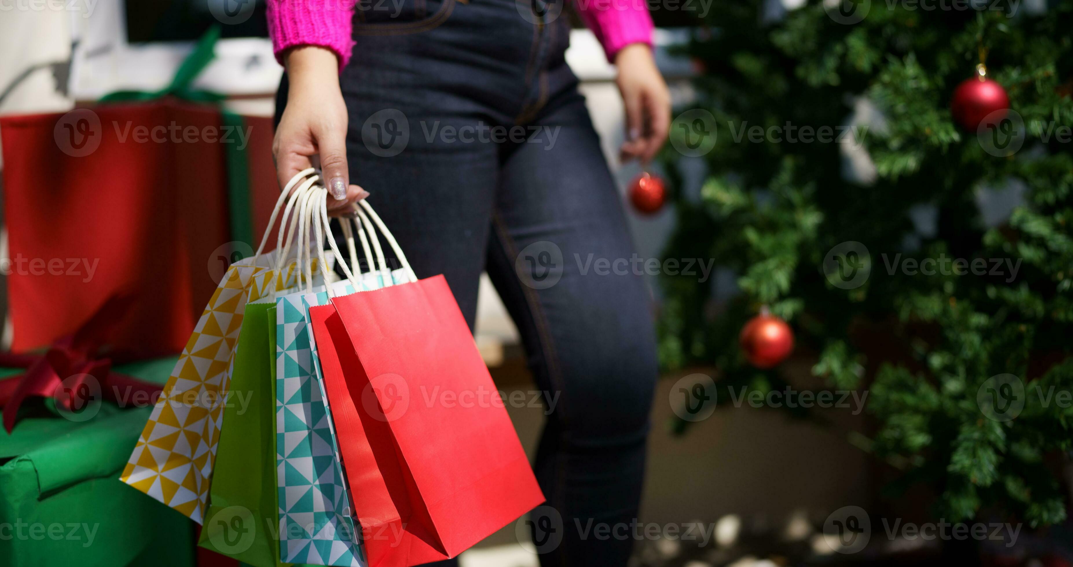 Cheerful Shopper Girl With Purchases In Colorful Paper Bags Happy