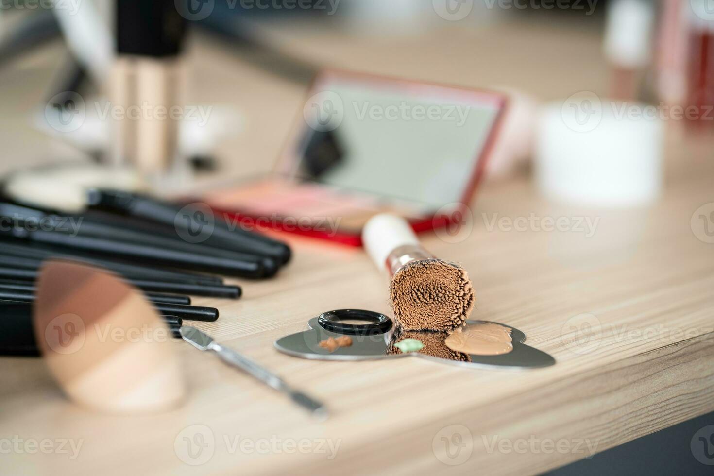 Decorative cosmetics makeup set on wood table. Set of luxury makeup product background photo
