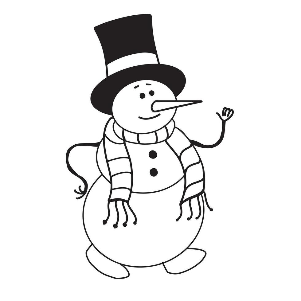 un alegre monigote de nieve en un parte superior sombrero y un bufanda muestra un pulgares arriba me gusta en Navidad. para niños juguete boceto.vector ilustración. vector