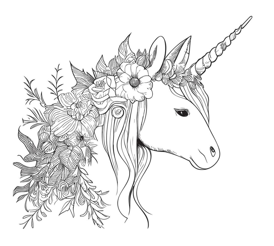 Unicorn face sketch hand drawn Fairy tale character Vector illustration