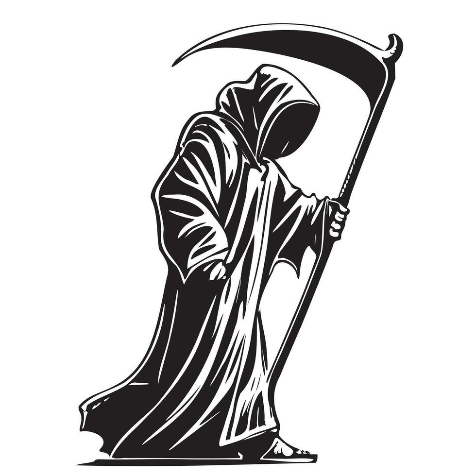 Death in a cloak with a hand drawn scythe sketch illustration Halloween cartoon vector