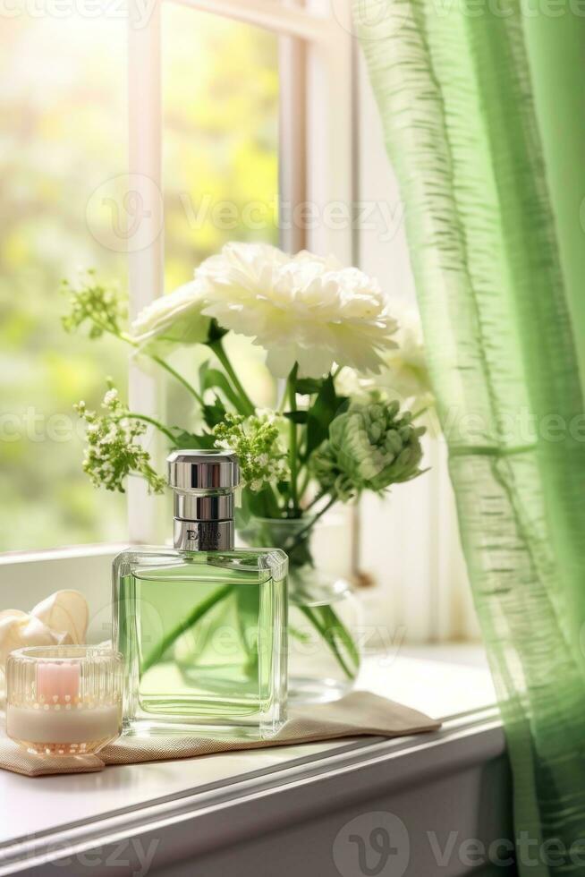 Glass perfume bottle with flowers photo