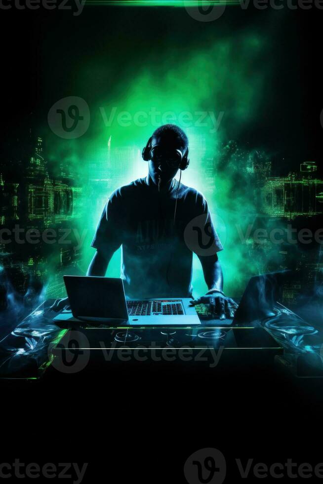 dark music background with playing DJ photo